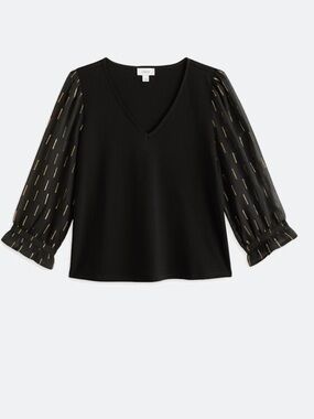 NWT CECE SPORTSWEAR Sheer Sleeve V-Neck Mixed Media Top. Black. Size XL